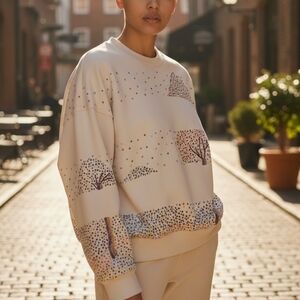 Rahul Mishra Hand Embroidered Silk Art Sweatshirt | Ivory | Size S